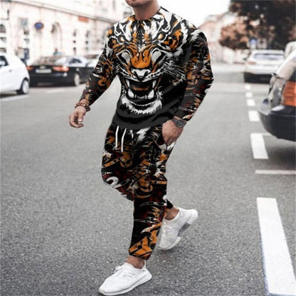 Men's 3D Digital Printing Long Sleeve Shorts Round Neck Suit