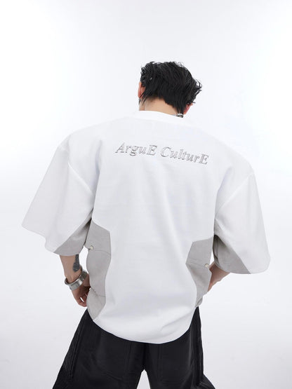 Men's Heavy Industry Niche Color Contrast Patchwork Padded Shoulder Short-sleeved T-shirt