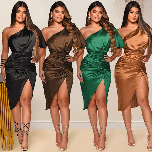 Fashion Solid Color Women's One-shoulder Split Midi Dress