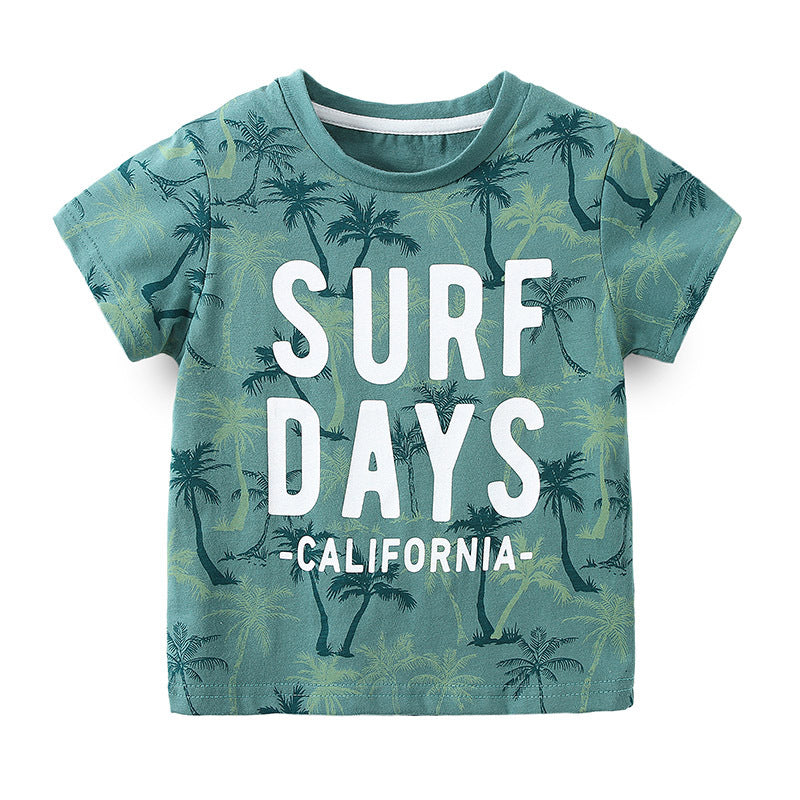 Boys Summer Short-Sleeved T-shirt Summer Children's Clothing Korean Baby Children Green Round Neck T-shirt