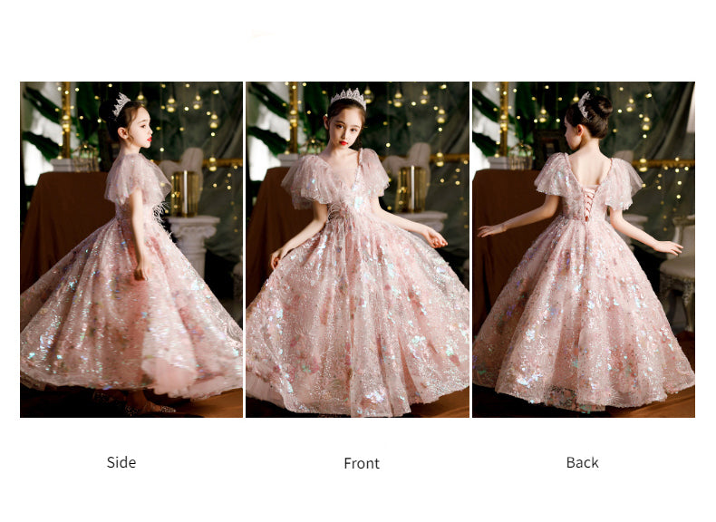 Girls' Dresses, Couture Little Girls, 10-Year-Old Princess Dress, Sequins, Host Catwalk Show, Piano Performance Clothing, Children