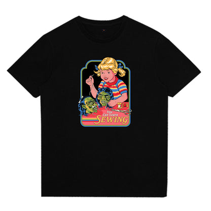 Retro Illustration T-Shirt Pure Cotton Short-Sleeved Couples Parent-Child Clothing Foreign Children Short-Sleeved Round Neck Loose Large Size Personality