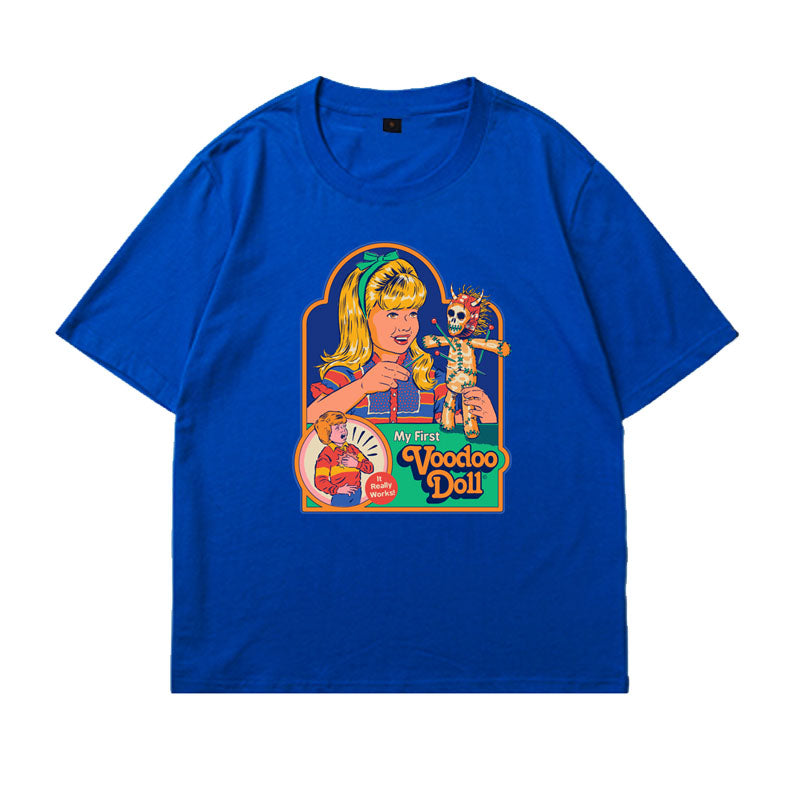 Retro Illustration T-Shirt Pure Cotton Short-Sleeved Couples Parent-Child Clothing Foreign Children Short-Sleeved Round Neck Loose Large Size Personality