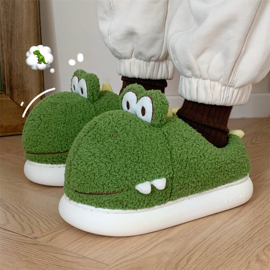 Fuzzy Slippers Warm Indoor Postpartum Cotton Shoes For Women Cute Winter Dinosaur Design