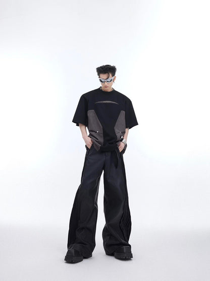 Men's Heavy Industry Niche Color Contrast Patchwork Padded Shoulder Short-sleeved T-shirt