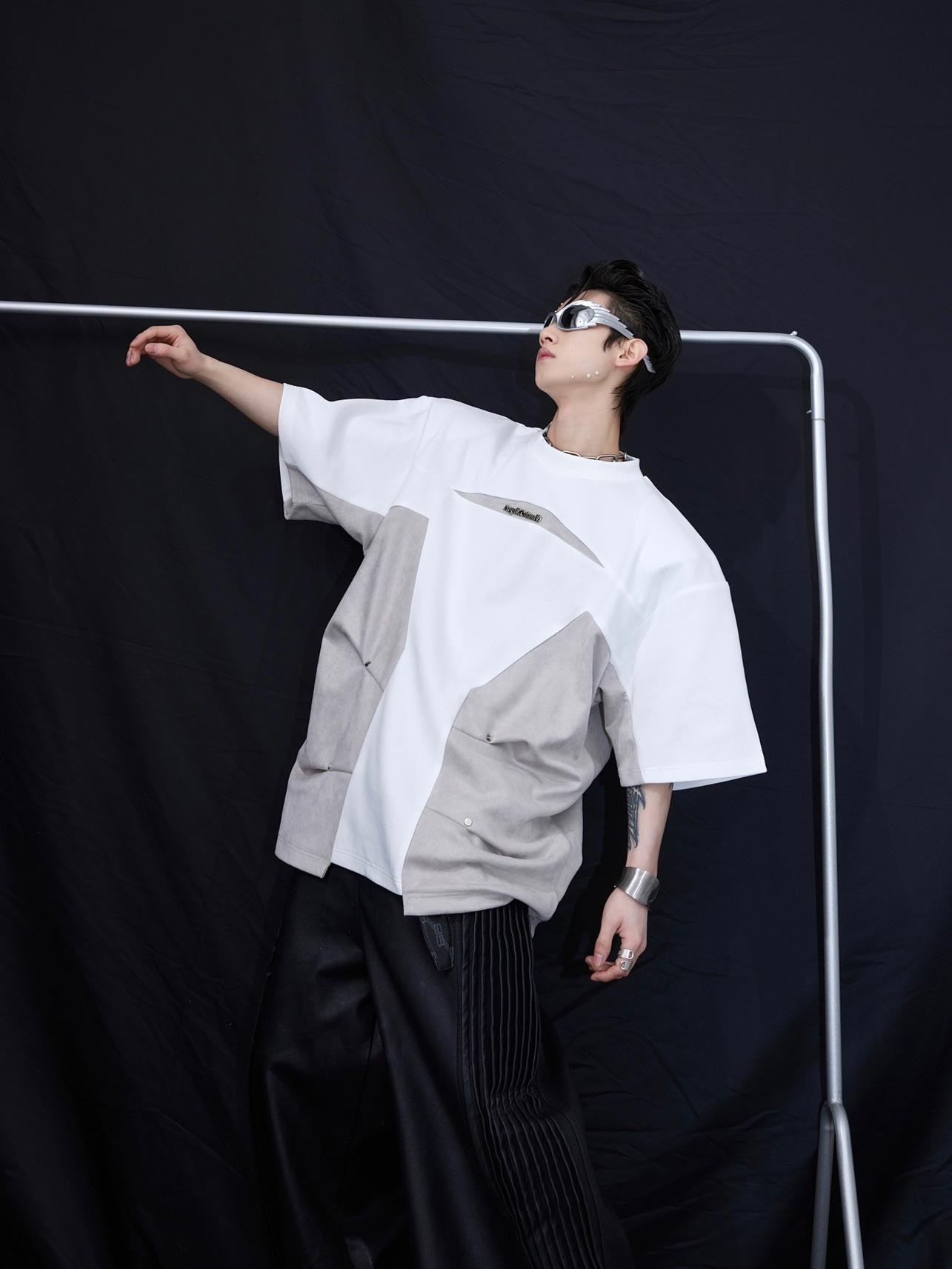 Men's Heavy Industry Niche Color Contrast Patchwork Padded Shoulder Short-sleeved T-shirt