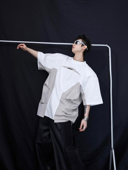 Men's Heavy Industry Niche Color Contrast Patchwork Padded Shoulder Short-sleeved T-shirt