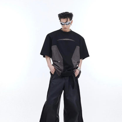 Men's Heavy Industry Niche Color Contrast Patchwork Padded Shoulder Short-sleeved T-shirt