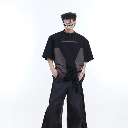 Men's Heavy Industry Niche Color Contrast Patchwork Padded Shoulder Short-sleeved T-shirt