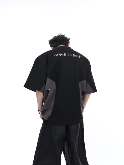 Men's Heavy Industry Niche Color Contrast Patchwork Padded Shoulder Short-sleeved T-shirt