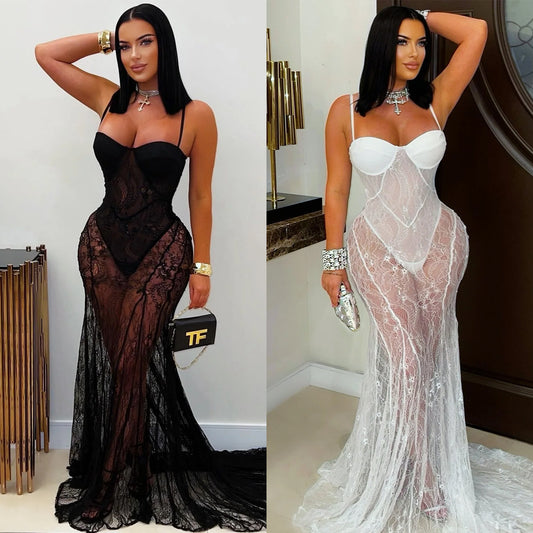 Fashion Women's Wear Sexy Sling Lace See-through Dress