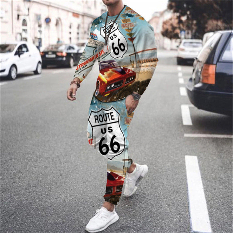 Men's 3D Digital Printing Long Sleeve Shorts Round Neck Suit
