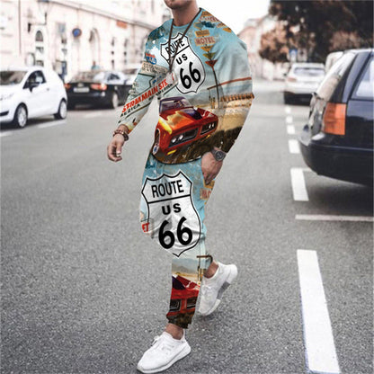 Men's 3D Digital Printing Long Sleeve Shorts Round Neck Suit
