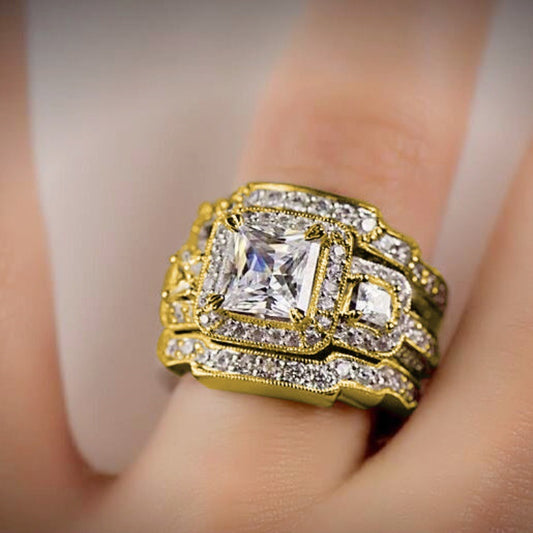 European And American-style Zircon Three-layer Ultra-shiny Square Mosaic Ring For Women