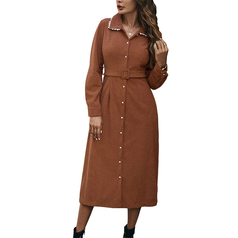 Casual Elegant Retro Style Lace Lapel Shirt Corduroy Dress