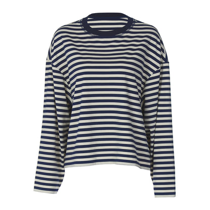Fashion Striped Loose Contrast Color Round Neck Long Sleeve T-shirt