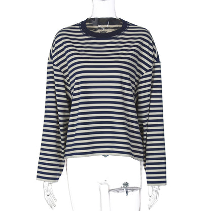 Fashion Striped Loose Contrast Color Round Neck Long Sleeve T-shirt