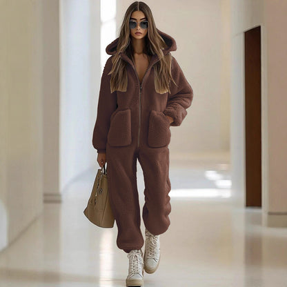 Hooded Pocket Trim Loose Straight Plush Jumpsuit