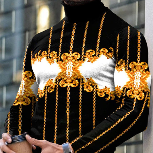 Autumn Winter Men's Long Sleeve Turtleneck T Shirt Printed Casual Top