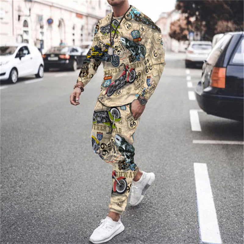 Men's 3D Digital Printing Long Sleeve Shorts Round Neck Suit