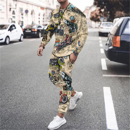 Men's 3D Digital Printing Long Sleeve Shorts Round Neck Suit