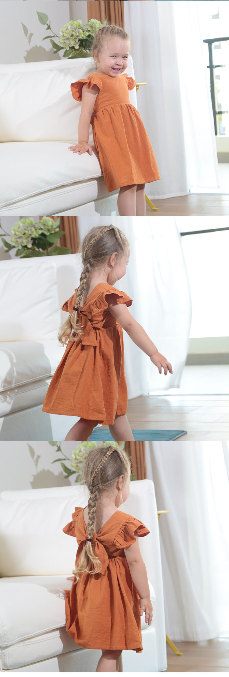 New Girls' Dress Baby Cotton And Linen Solid Color Children Shirt Bow Princess Dress Pettiskirt European And American Style Children's Clothing