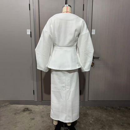 Women's Solid Color 2-Piece Set, Button Bubble Sleeve Jacket & Maxi Skirt, Office To Party Outfit