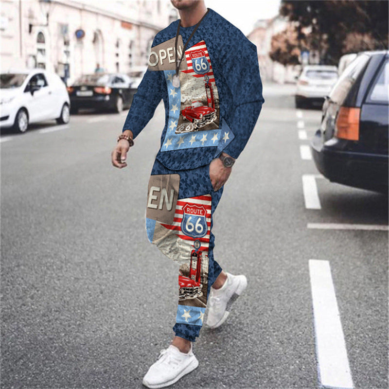 Men's 3D Digital Printing Long Sleeve Shorts Round Neck Suit