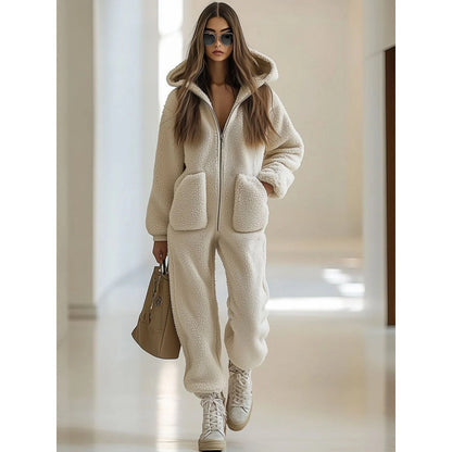 Hooded Pocket Trim Loose Straight Plush Jumpsuit