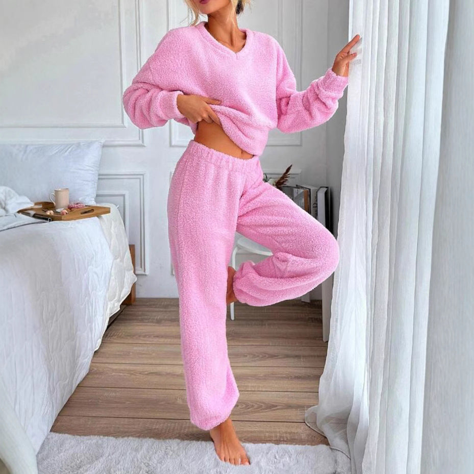 Women's Comfortable V-neck Casual Loungewear Warm Set