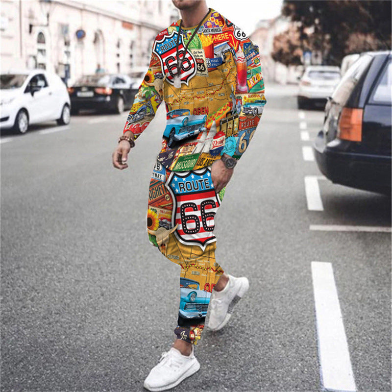 Men's 3D Digital Printing Long Sleeve Shorts Round Neck Suit
