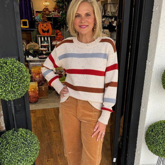 Beige Striped Off-shoulder Knit Top With Topstitching
