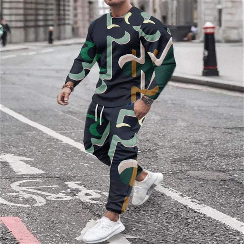 Men's 3D Digital Printing Long Sleeve Shorts Round Neck Suit