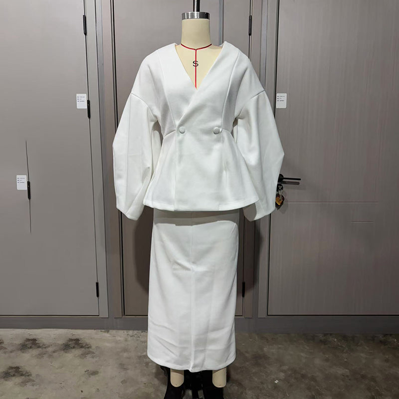 Women's Solid Color 2-Piece Set, Button Bubble Sleeve Jacket & Maxi Skirt, Office To Party Outfit