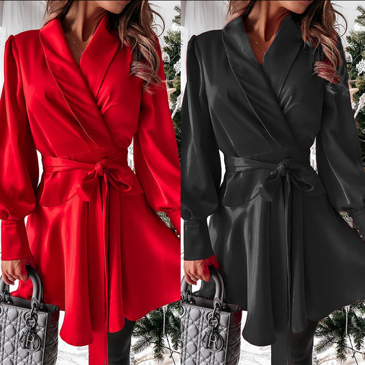 New Women's Casual Fashion Solid Color Shirt Dress Women