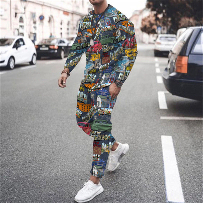 Men's 3D Digital Printing Long Sleeve Shorts Round Neck Suit