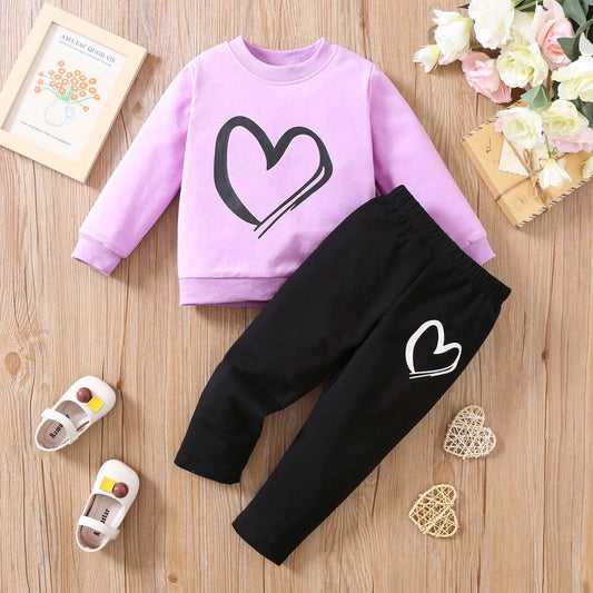 Heart Print Pullover Two-piece Set For Children's Clothing