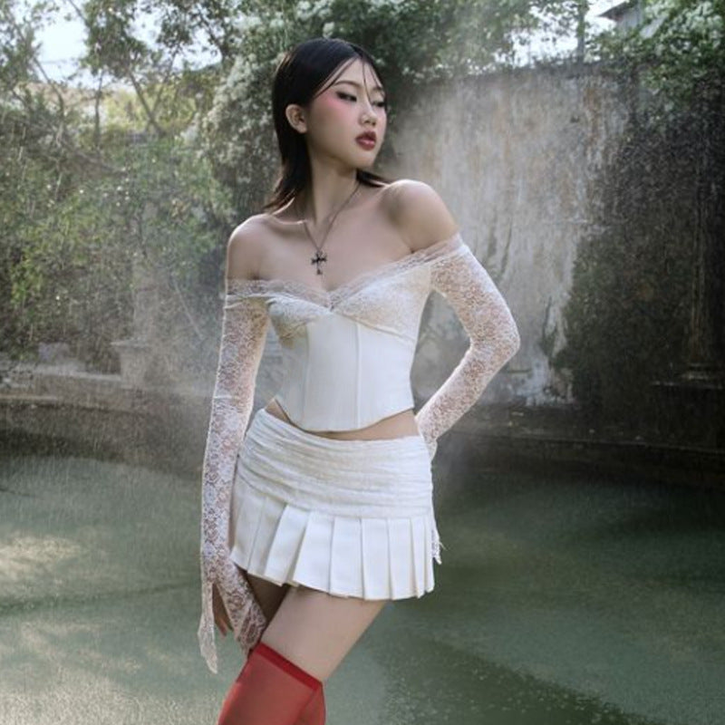 Women's Fashion Low-cut Lace Mesh Long Sleeve Stitching Ruffle Skirt Suit